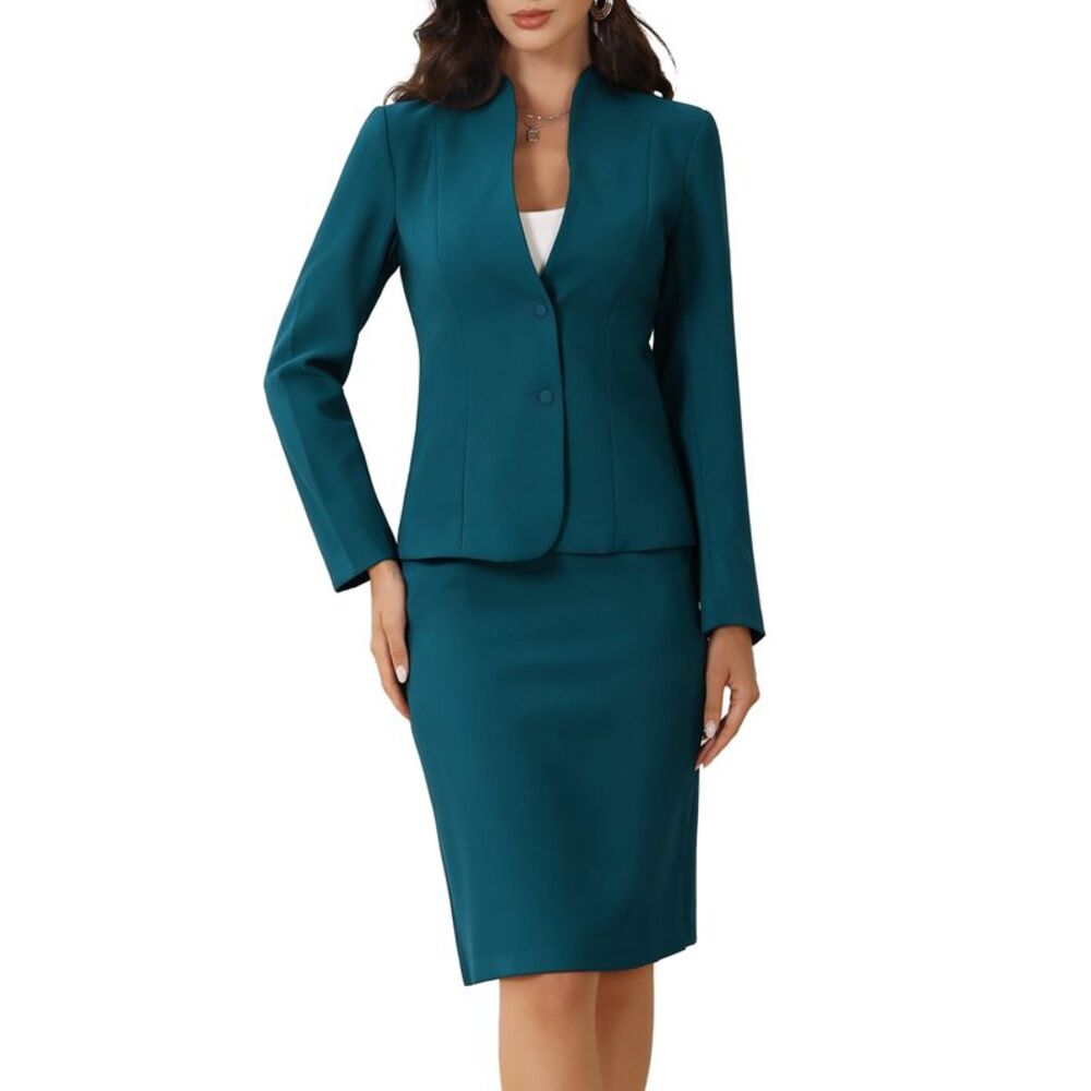 2pcs Business Sets for Women's Collarless Blazer Pencil Skirt Suit Lake Blue